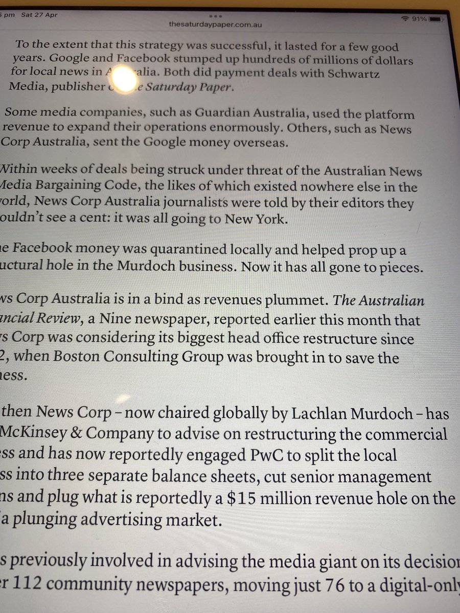 ⁦@SquigglyRick⁩ ⁦⁩ reports NewsCorp sent all its Facebook/Google “bargaining code” $s (A100m) to the US. This cynical conduct makes the code look like a shakedown and jeopardises Australia’s justification for copyright compensation for local news content creators.