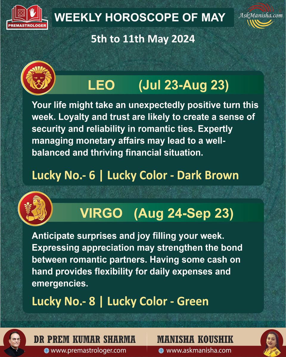 Check Out Your Weekly Horoscope Now!✨
Reach us for a personal discussion at+919650015920
Check out your #Weeklyforecast now (May 05th – May 11th) 2024
askmanisha.com
#aries #taurus #gemini #cancer #leo #virgo #libra
#scorpio #sagittarius #capricorn #aquarius #pisces