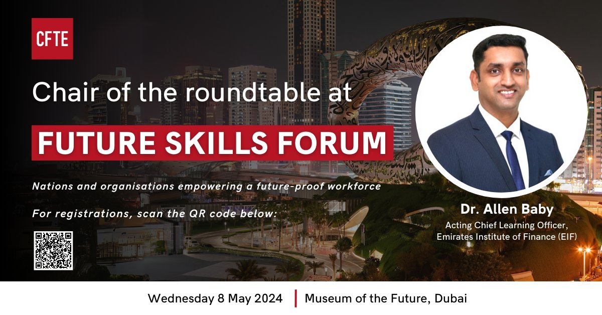 We are honoured to announce that @drallenbaby, Acting Chief Learning Officer, @EIF_UAE, will chair the 'Bridging the Skills Gap at Country Level' roundtable at the Future Skills Forum 2024 in Dubai! 💥 Request an invitation now 👉 lnkd.in/dR4kynEH #FutureSkillsForum #UAE
