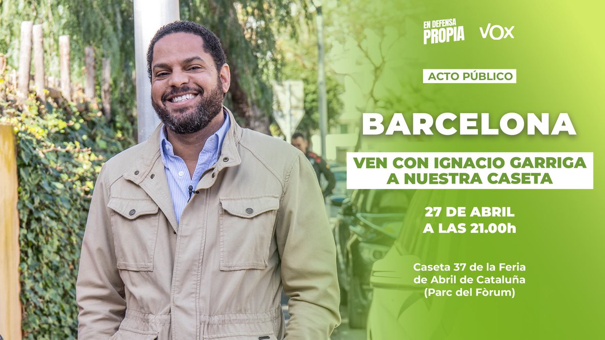 💃🏻 Esta noche @Igarrigavaz visitará nuestra caseta en la Feria de Abril de Cataluña. 📅 Sábado 27 de abril ⏰ 21:00h 📍 Caseta 37, Feria de Abril, Barcelona ¡En defensa de nuestras tradiciones!