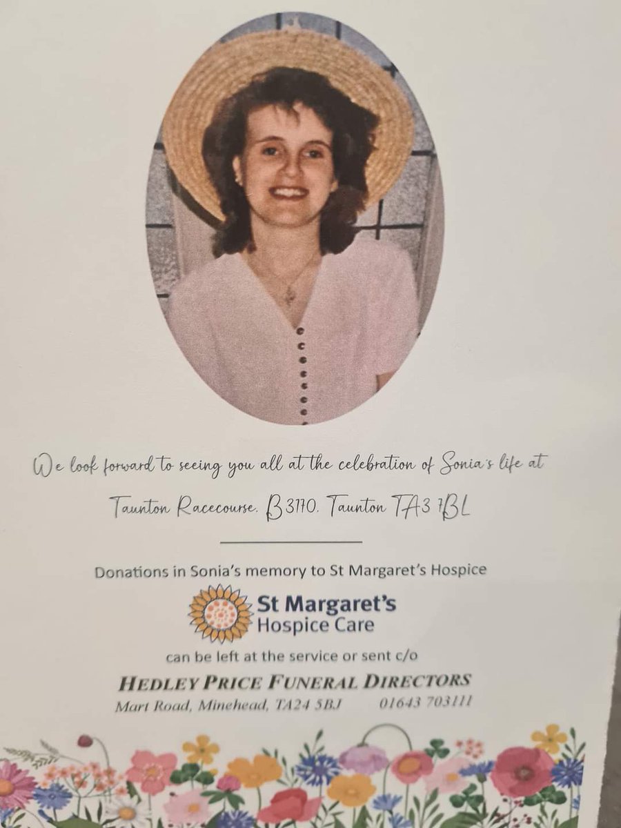Yesterday we said our farewell to our beloved Sonia. I want to say a massive thank you to everyone that came to the service and celebration of life, those that watched online, for all the kind messages received yesterday and to those that have donated to St Margaret's Hospice.