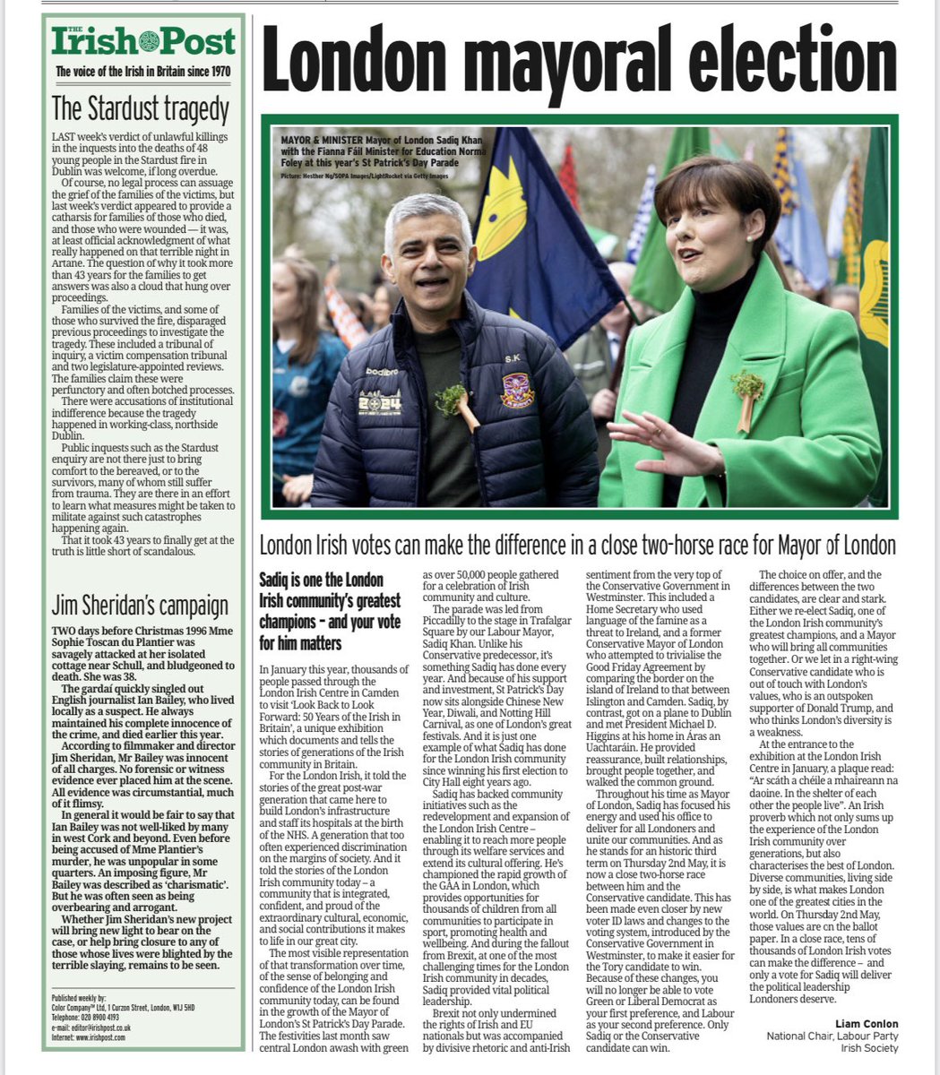 From Crystal Palace to Cricklewood, and Hammersmith to Haringey, tens of thousands of London Irish votes can make the difference on 2nd May My article in @TheIrishPost today on why the London Irish community needs to turn out for one of our greatest champions, @SadiqKhan ⬇️