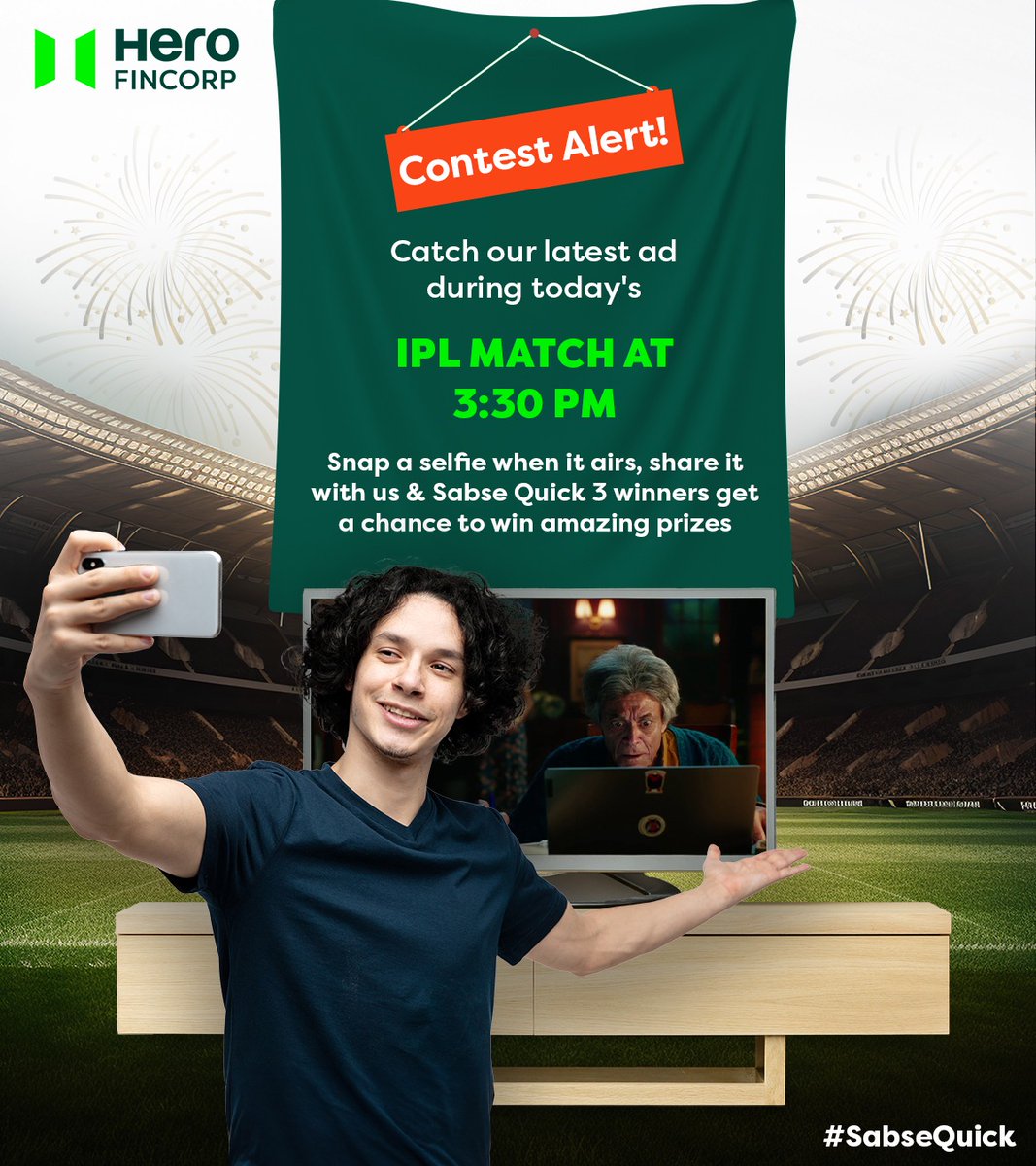 Exclusive opportunity for you to win big during the today’s #IPLmatch! Here's how : >Tune in to the #livebroadcast of match today and keep an eye out for our new #TVad.👀 >When you spot our ad, snap a #selfie while it airs. >Share your selfie with us via DM #HeroFinCorp