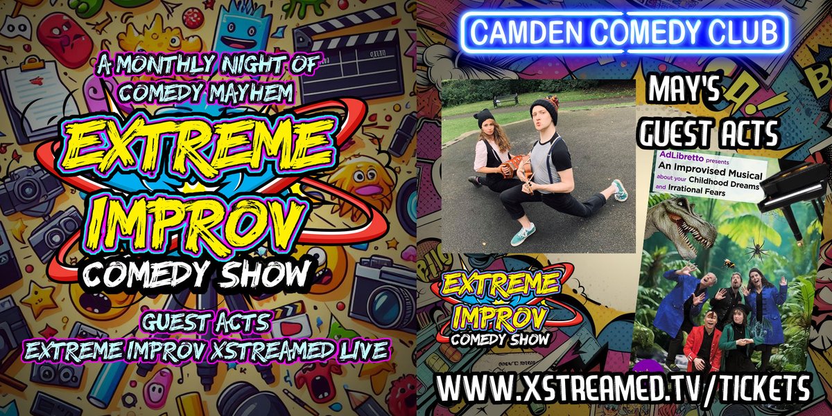 🤩See Extreme Improv Live on stage for our next Big Night of Improv! 😎 May 9th at 7pm at the Camden Comedy Club! 😍Featuring a live Extreme Improv XStreamed show! 🤩Plus Guest Acts: Peasoup and AbLibretto! ⭐Tickets: xstreamed.tv/tickets dice.fm/event/527ld-ex…