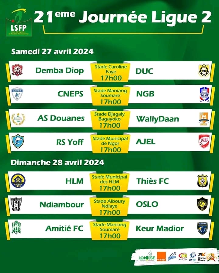 Football Programme de la 21 ème journée de ligue 1 et ligue 2....
@LSFP_sn #teamsenegal #sunufootlocal