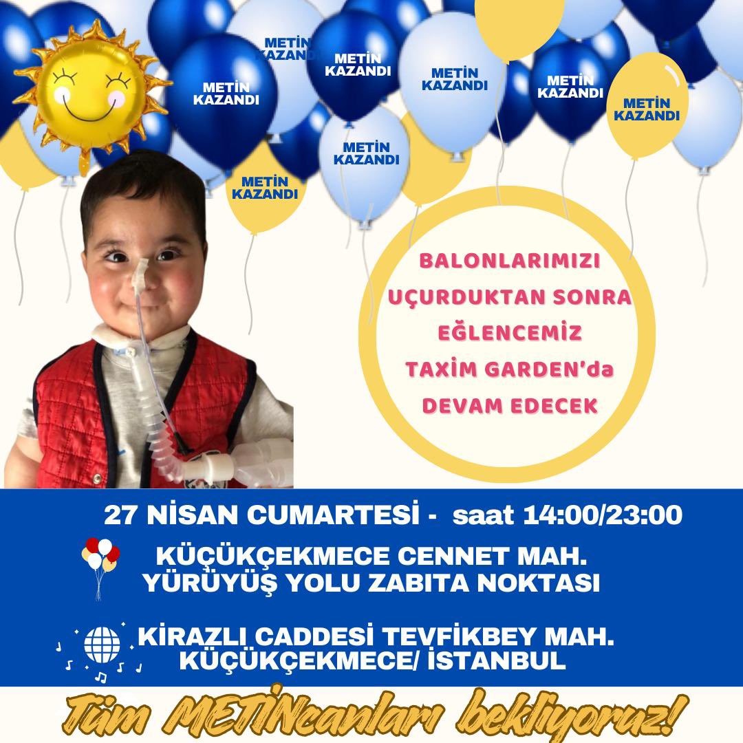Sevgili Kahramanlarımız 27 Nisan Cumartesi Saat 14:00 İstanbul Küçükçekmece de Metin’in balonlarını gökyüzüne bırakmak için toplanıyoruz 🎈🎈 Sizleri de mutluluğumuzu paylaşmaya bekliyoruz 💛☀️ Balonlar gökyüzüne, METİN Dubai ye🤗🎈🎊🎉🎊☀️