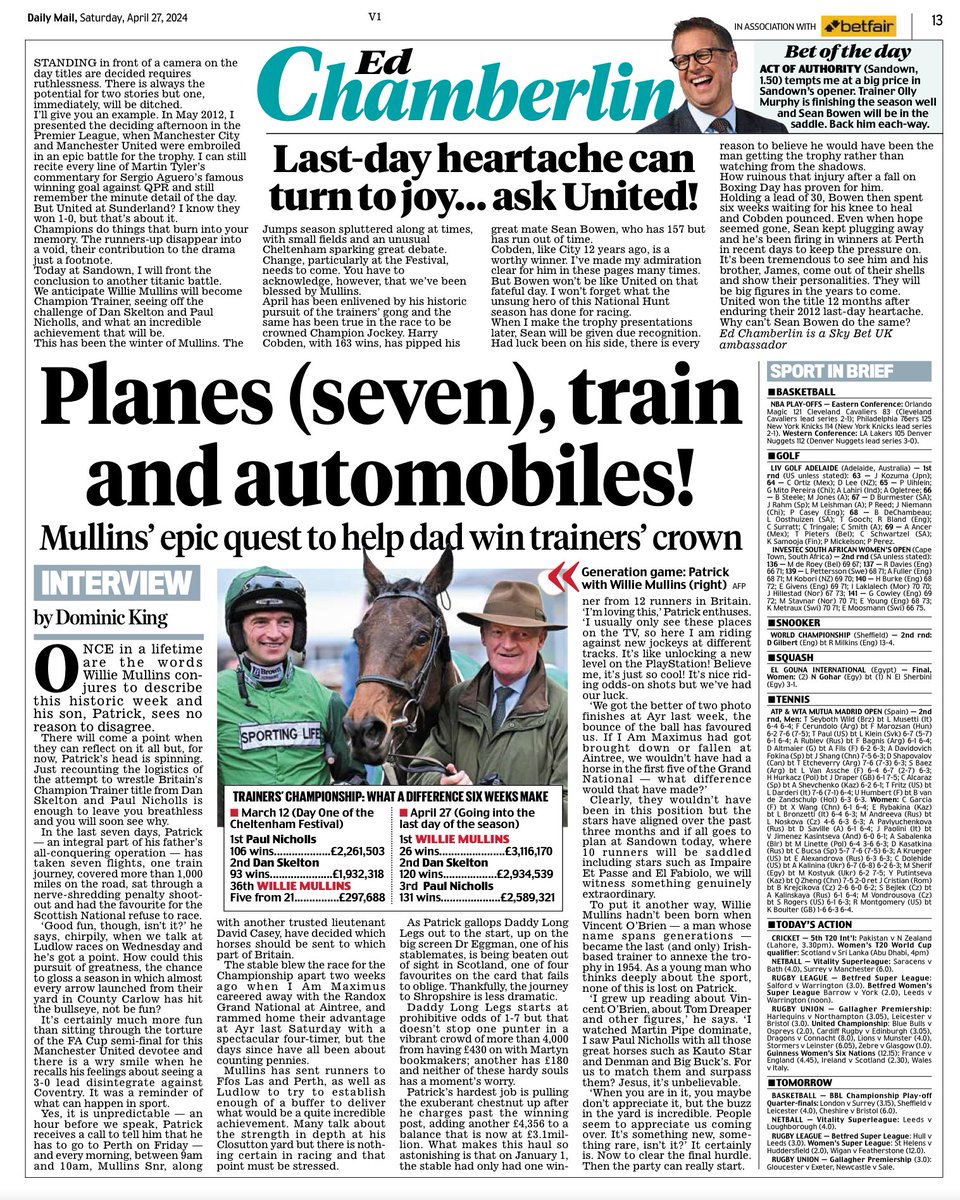 ✈️ Planes, trains and automobiles with Patrick Mullins as the title decider goes to the wire ✍️ Sean Bowen is the season’s unsung hero - he can be Champion in 12 months, says ⁦@chamberlinsport⁩, who likes Act Of Authority in the opening race 🐴 Today’s racing package ⬇️