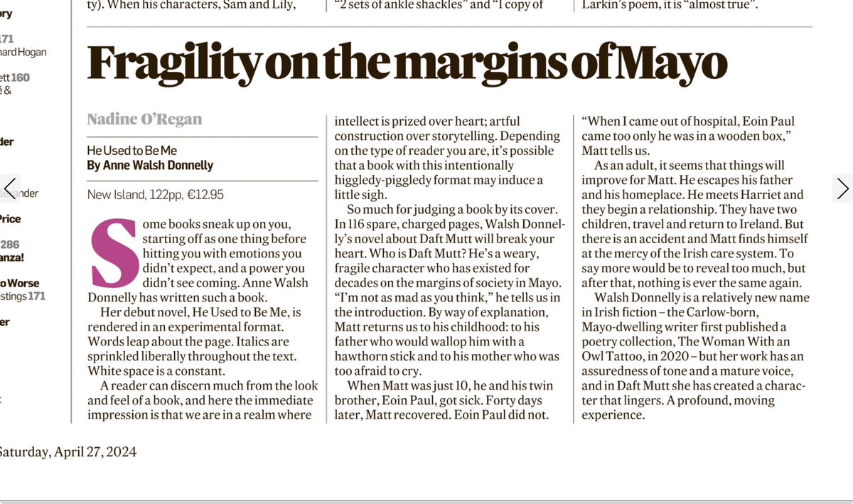 'Some books sneak up on you, starting out as one thing before hitting you with emotions you didn't expect, and a power you didn't see coming. Anne Walsh Donnelly has written such a book Lovely review in the Irish Times today @NewIslandBooks @IrishTimesCultr @NadineORegan thanks