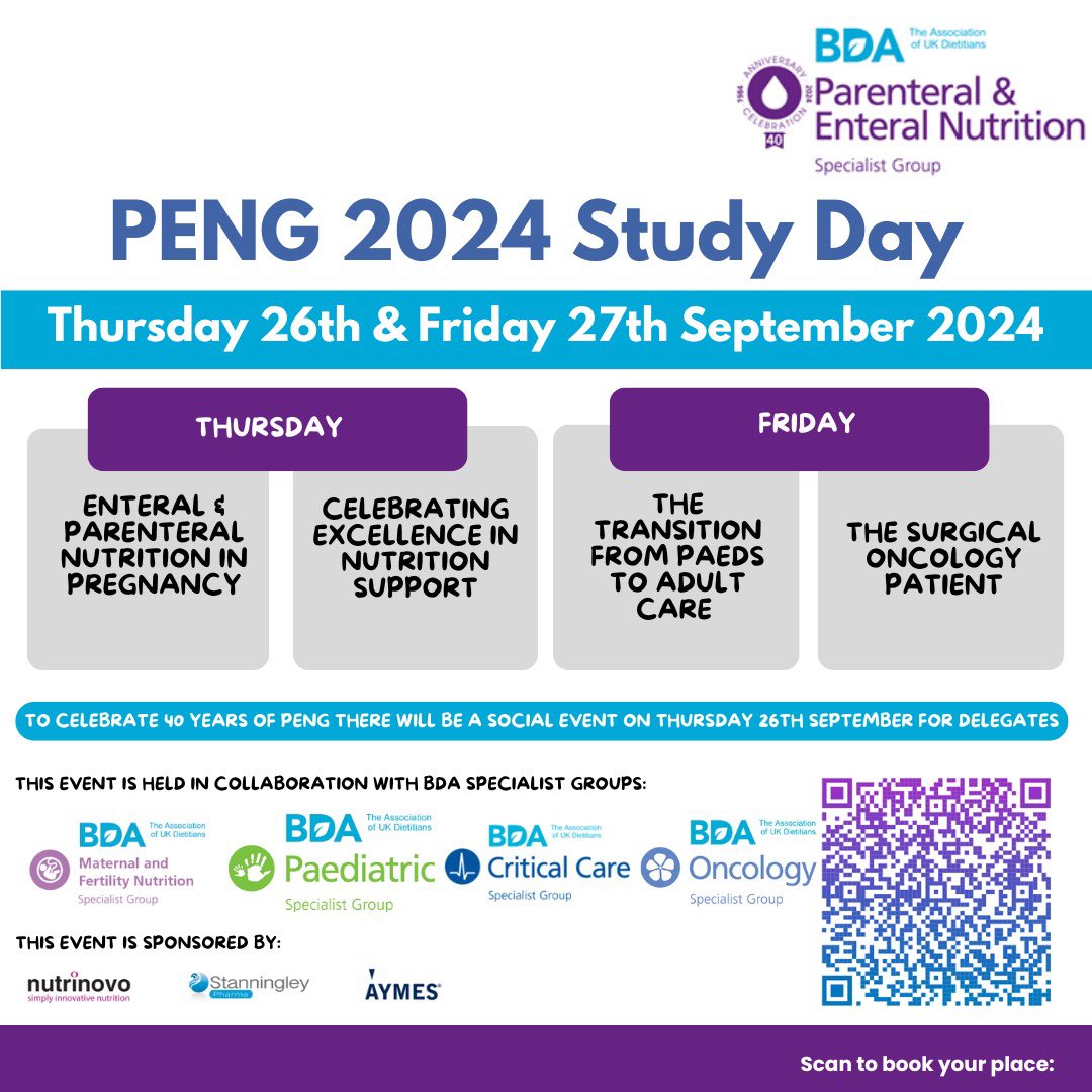 Tickets for the PENG Study Day 2024 are now live! Over the two days we will cover both enteral and parenteral topics, as well as celebrating excellence in nutrition support. Follow the link in the comments - early bird prices are available for a limited time only!