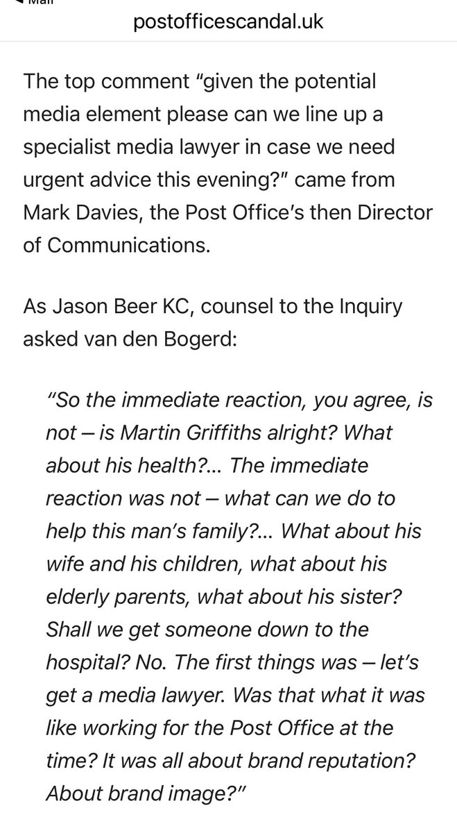 Mark Davies (ex-Post Office Director of Communications) should be in jail right now. How did he sleep at night knowing he and his heartless team caused a loyal employee to take his own life?