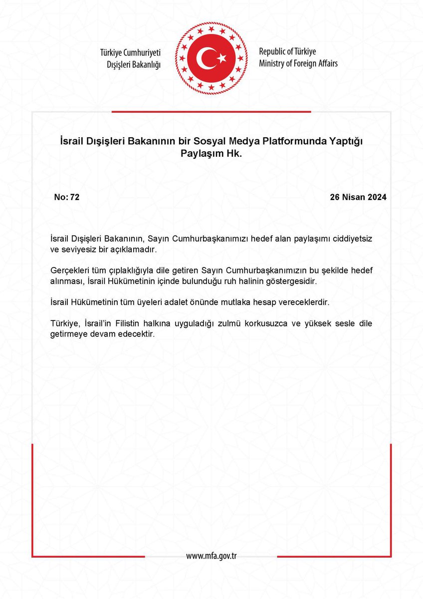 Cumhurbaşkanımız Sayın @RTErdogan, “Daha adil bir dünya mümkün.” yaklaşımıyla Filistin’in haklı davasının yanında olmuştur. Katil İsrail, uluslararası hukuk ve insanlık vicdanı önünde hesap verecektir. İsrail Dışişleri Bakanının, Sayın Cumhurbaşkanımızı hedef alan haddini aşan…