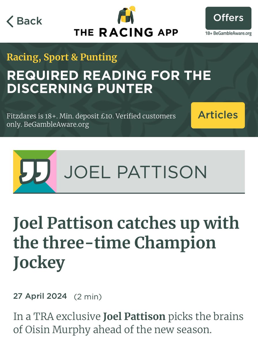 👀 Exclusive interview with @oismurphy now available on @TheRacingApp 

📱 Head over there to read. Should be more exciting things to come from me on there as well 

#HorseRacing