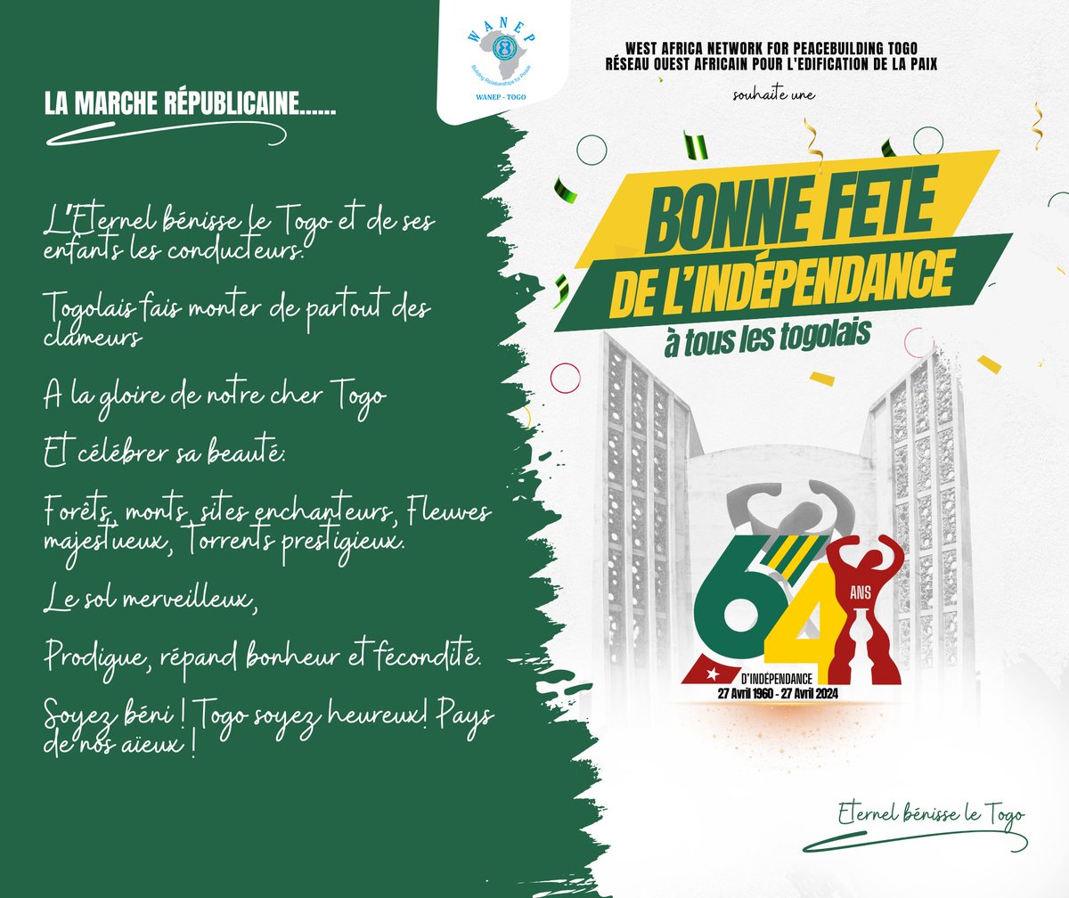 Bonne Fête de l'Indépendance à tous les Togolais. #Togolaisetfier #Denyigban #TgTwittos #togo64 #IndependanceTG #lometogo #27Avril2024 #independance #independanceday #Togo #independancetogo #64emeanniversaire #togo228