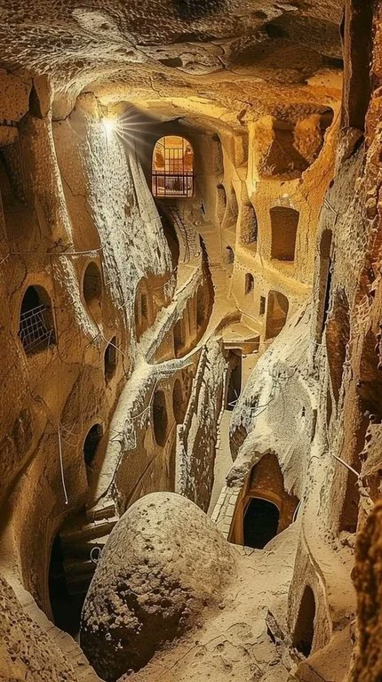Derinkuyu is a 2500-year-old multi-level underground city in Turkey, extending to a depth of approximately 85 meters. It is large enough to have sheltered as many as 20,000 people together with their livestock and food stores. It is believed to have been built by the
