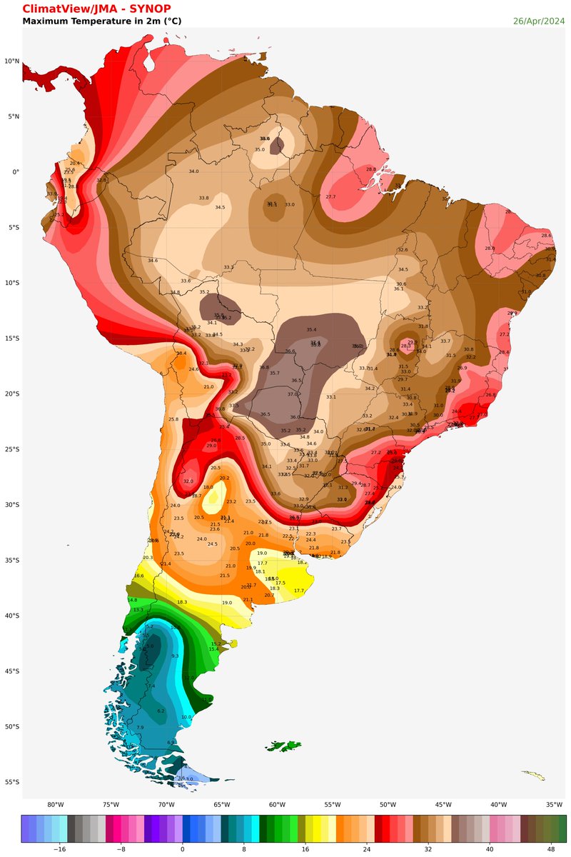 Temperaturas Mínima e Máxima registrada ontem (26/04) na América do Sul, com dados da rede SYNOP. Dados processados em #Python.