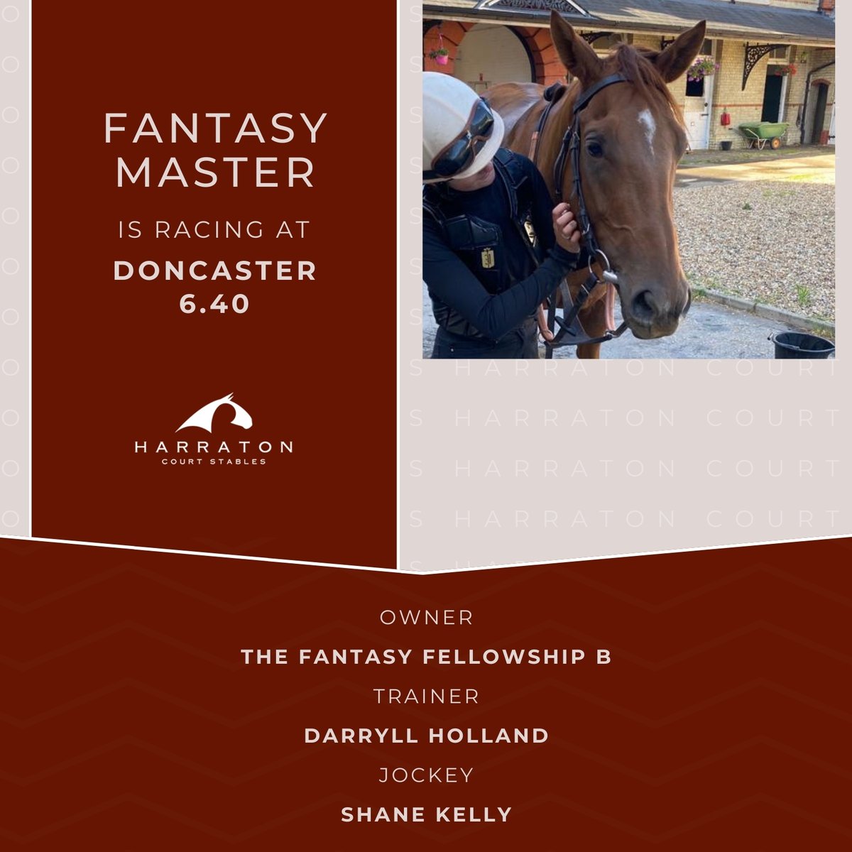 Fantasy Master is racing at Doncaster 6.40 Best of luck to owner The Fantasy Fellowship B, trainer #DarryllHolland and jockey Shane Kelly! #FantasyMaster #Doncaster