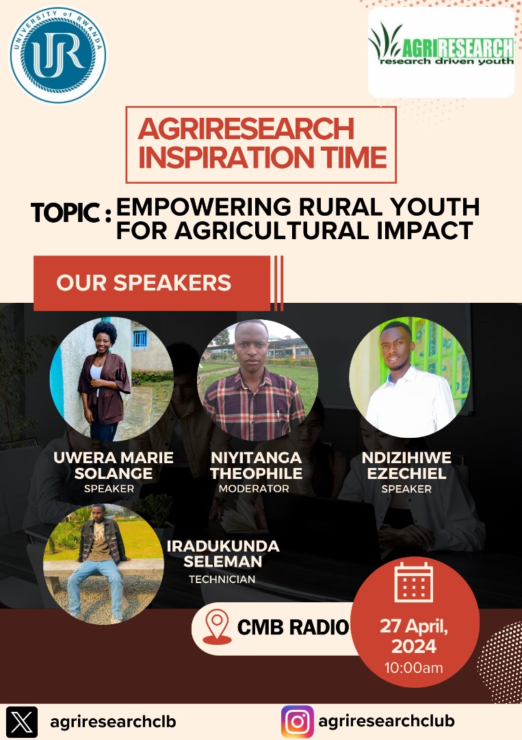📢 📢 📢 📢

Happening now

Members of @agriresearchclb are inspiring youth to engage in agriculture sector on #CMBRadio  in @UR_CAVM.

#YouthInAgriculture can contribute to achieve #ZeroHunger and #foodsecurity.

@AGRIRESEARCHLtd @UsanaseAbdu @AgriTrials
