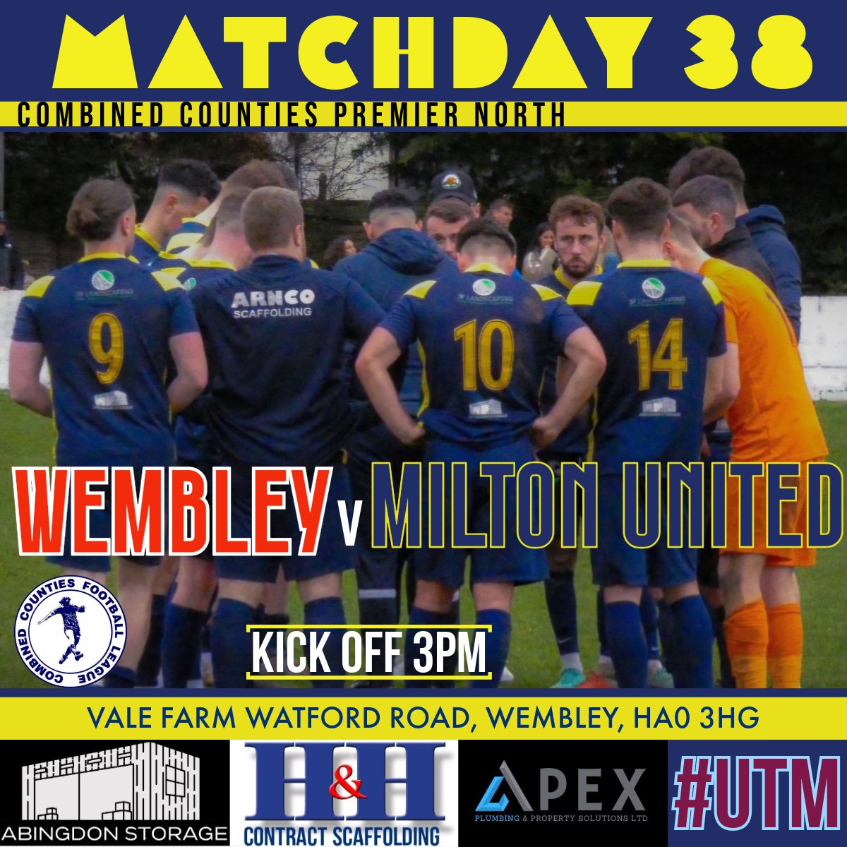 MATCHDAY 38. It's the final gameday of the season. Our first season back at step 5, and we finish with a trip to @WembleyFC. 🏆 @ComCoFL ⌚️ 15:00 🏟️ Vale Farm, HA0 3HG 📊 15th vs 11th 🎟️ £7 adults, £4 conc. #UTM