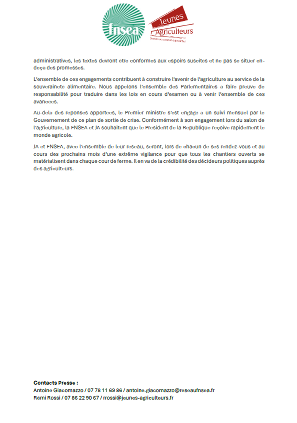 [#CP] Annonces de <a href="/GabrielAttal/">Gabriel Attal</a>  : Après la mobilisation exceptionnelle du monde agricole, le Premier Ministre vient d’annoncer de nouvelles mesures. Avec <a href="/FNSEA/">La FNSEA</a> nous ferons preuve de vigilance sur leur concrétisation rapide et complète.
Notre CP 👇
urlr.me/VwkXH