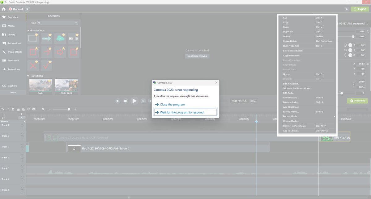@Camtasia I find @Snagit useful to take screen captures of @Camtasia crashing. Was it the Reverse Video? Or the Ripple Delete? or maybe Repeat Video > Right? Or was a 90 minute video just too much? There's a starting point. Let me know when you fix it.