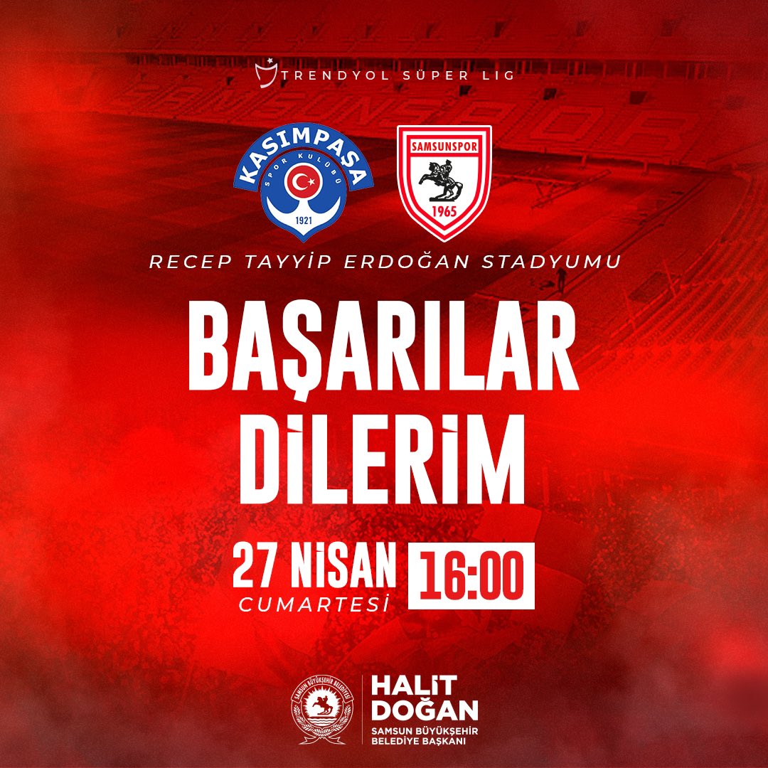 #BugünGünlerdenSamsunspor ❤️🤍 Deplasmanda Kasımpaşa ile karşılaşacak olan @Samsunspor ’umuza başarılar diliyorum. 📍Recep Tayyip Erdoğan Stadyumu ⏰ 16:00 #samsunspor & #kasımpaşa