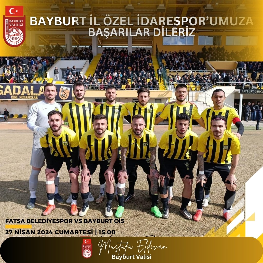 💛 HAYDİ BAYBURT 🖤 Fatsa Belediyespor ile mücadele edecek olan Bayburt Özel İdare Sporumuza başarılar dileriz. ⚽ 🗓️ 27 Nisan 2024 🕑 15.00 📍 Fatsa İlçe Stadyumu #bayburtspor💛🖤