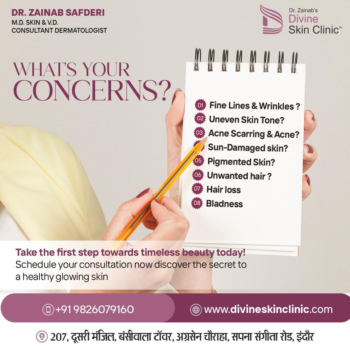 What’s your skincare concern? Whether it’s fine lines, acne scars, or sun damage, We can help🌟 Say hi to great skin and bye to unwanted hair and hair loss! Book a consultation now 📞+91 9826079160 📍207, Bansiwala Tower, Near, Agrasen Square, Navlakha, Indore #BeautyDiversity
