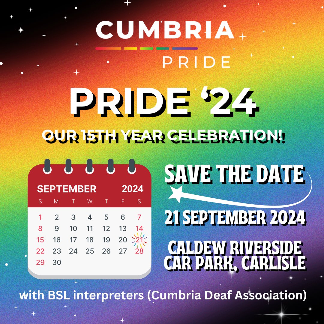 21 weeks until Pride 24!! We are so excited 🏳️‍🌈🏳️‍⚧️ 21 September in Caldew Riverside (Lower Viaduct) Car Park, Carlisle Entry is completely free for all LGBT+ and allies, and we are so pleased to announce that Cumbria Deaf Association will be joining us as BSL interpreters 😊