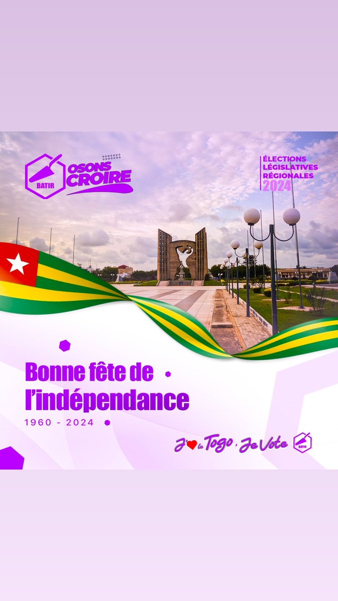64 ans d’indépendance pour notre très chère nation 🇹🇬

Nous continuerons nos efforts pour la rendre plus prospère et stable 🫱🏽‍🫲🏾

Bonne commémoration de la fête d’indépendance à tous 💜💪🏾

#togo #togoindependanceday #independanceday #27avril #batirtogo