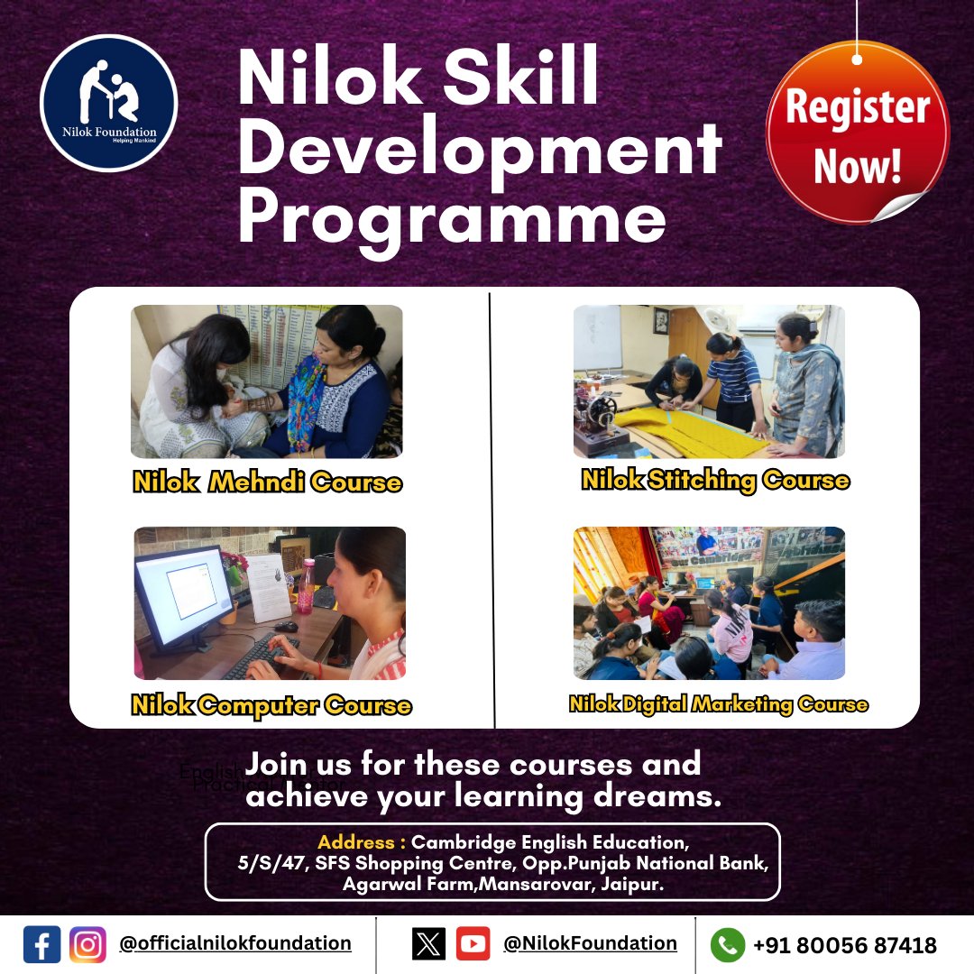 Join us for these courses and achieve your learning dreams.🙂🙂
👉 Register Now!
Call Now: 📞 +91 80056 87418
📍 Address: Cambridge English Education, 5/S/47, SFS Shopping Centre, Opp. Punjab National Bank, Agarwal Farm, Mansarovar, Jaipur.

#NilokFoundation #NewYearNewSkills