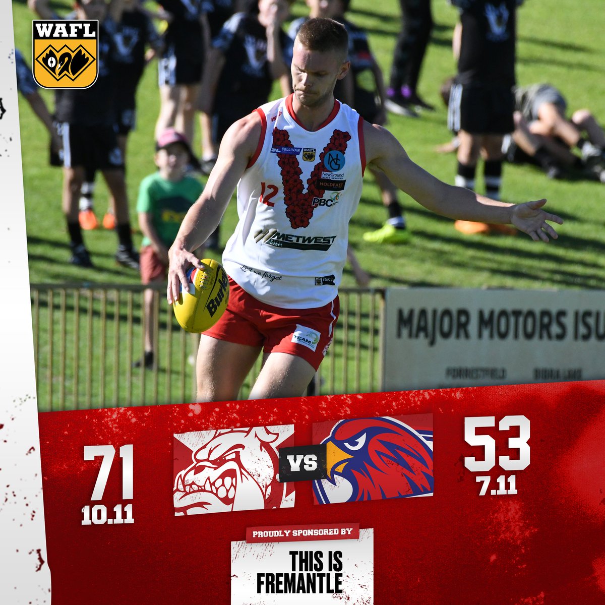 FINAL SCORE 🔴⚪ Four goal last quarter from South Fremantle to score first win over West Perth since 2021, 10.11 (71) to 7.11 (53).

Dylan Main 3 goals, Zac Strom 2. Haiden Schloithe 33 touches, Tom Blechynden 29, Matty Parker 26, Isiah Winder 24, Chad Pearson 24.