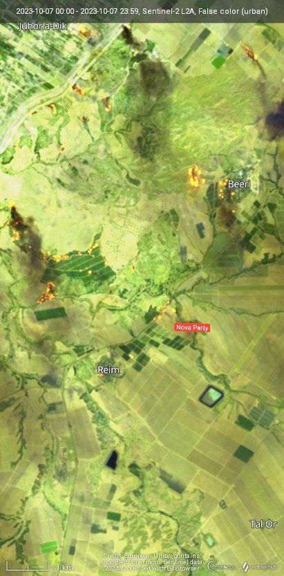 The first time I see the below, sad 07-10 video, that was posted by @NoaMagid. Allegedly Nova party area (Reim). And that's how Sentinel-2 catched that cursed morning, around 10AM. In SWIR and False (Urban) spectrum. Many active fires, including Nova Party area.