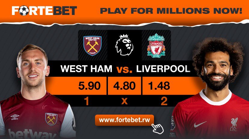 Andi mahirwe yahasesekaye!! Shampiyona y’u Bwongereza igeze mu mahina, ariko n’amahirwe yo kwegukana akayabo hamwe na @Fortebet_Rwanda aracyahari. Umukino uhuza #westham na #Liverpool iharanira igikombe, wagusigira inote zishyushye.