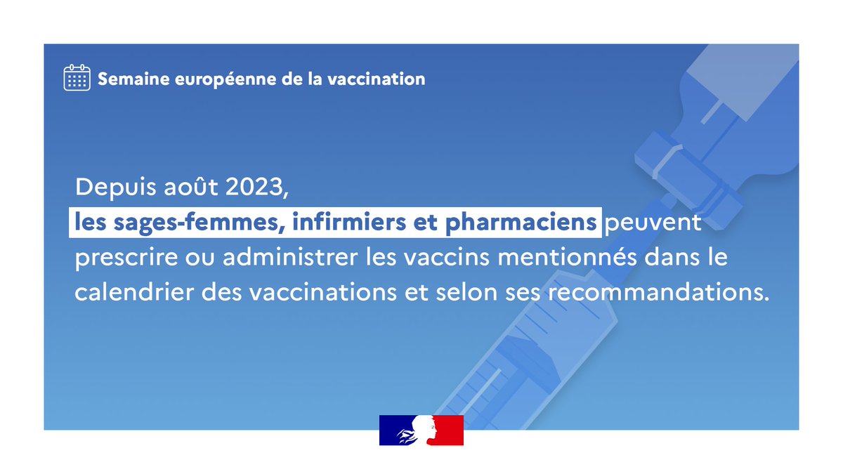 #VaccinerProtéger | Afin de simplifier l’accès à la vaccination de la population, les sages-femmes, infirmiers et pharmaciens peuvent désormais prescrire ou administrer des vaccins selon les recommandations du calendrier des #vaccinations.

📲 : sante.gouv.fr/prevention-en-…

#SEV2024