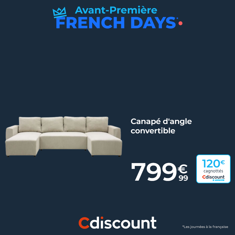 🔵 Avant première French Days 🛋️ Canapé d'angle convertible panoramique PHARELL 5/6 places 👛 120€ cagnottés pour les membres Cdiscount à volonté 🛒 bit.ly/4d8BWET