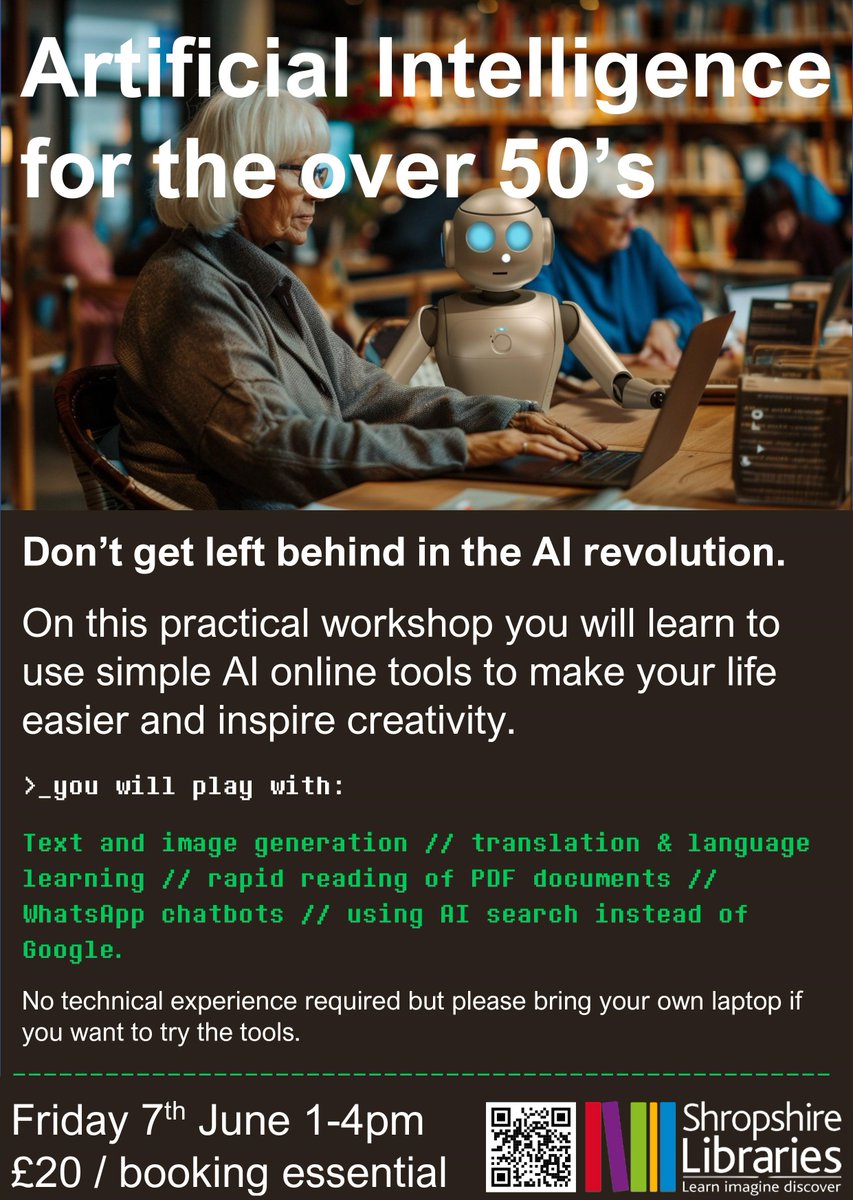 AI isn't just for younger people! We are running a hands-on workshop for over 50's on Friday 7th June . If you're curious or even a little daunted by AI, this session will give you the tools and inspiration to make the most of it. Please contact us to book your place.