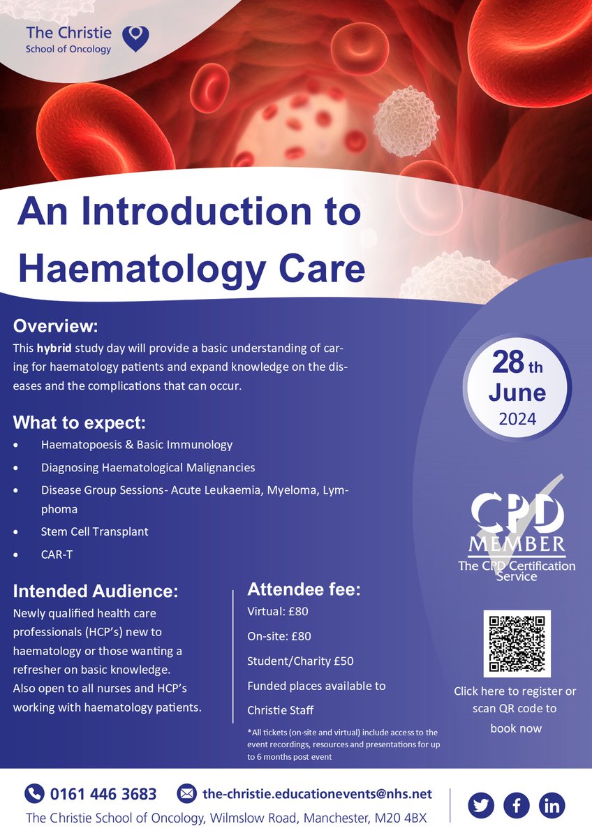🩸 Join us for our An Introduction to Haematology Care Study Day! Whether you're a newly qualified HCP or looking for a refresher, this CPD Accredited course is perfect for expanding your knowledge. Book now: ow.ly/VsrW50RiX9y #HaematologyCareStudyDay #CPDAccreditedCourse