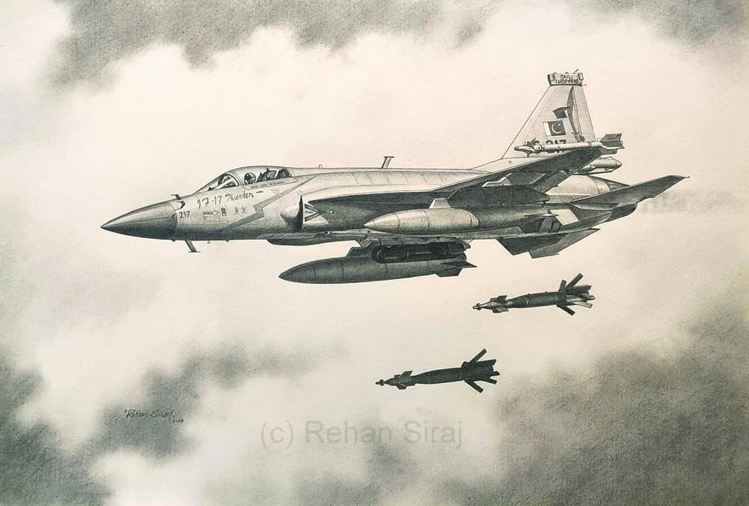 New Pencil sketch depicting JF-17 of PAF No. 14 Sqn 'Tail Choppers' releasing laser-guided bombs on the target. The aircraft is carrying Turkish Aselsan ASELPOD for precision strike. 

11 x 16 inches (unframed)

#avaitionart #Pakistan #Turkey

facebook.com/RehanSirajAvia…