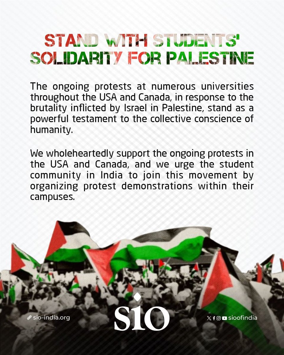 We wholeheartedly support the ongoing protests in the USA and Canada, and we urge the student community in India to join this movement by organizing protest demonstrations within their campuses.

#StandWithPalestine 
#FreePalestine #EndIsraeliApartheid