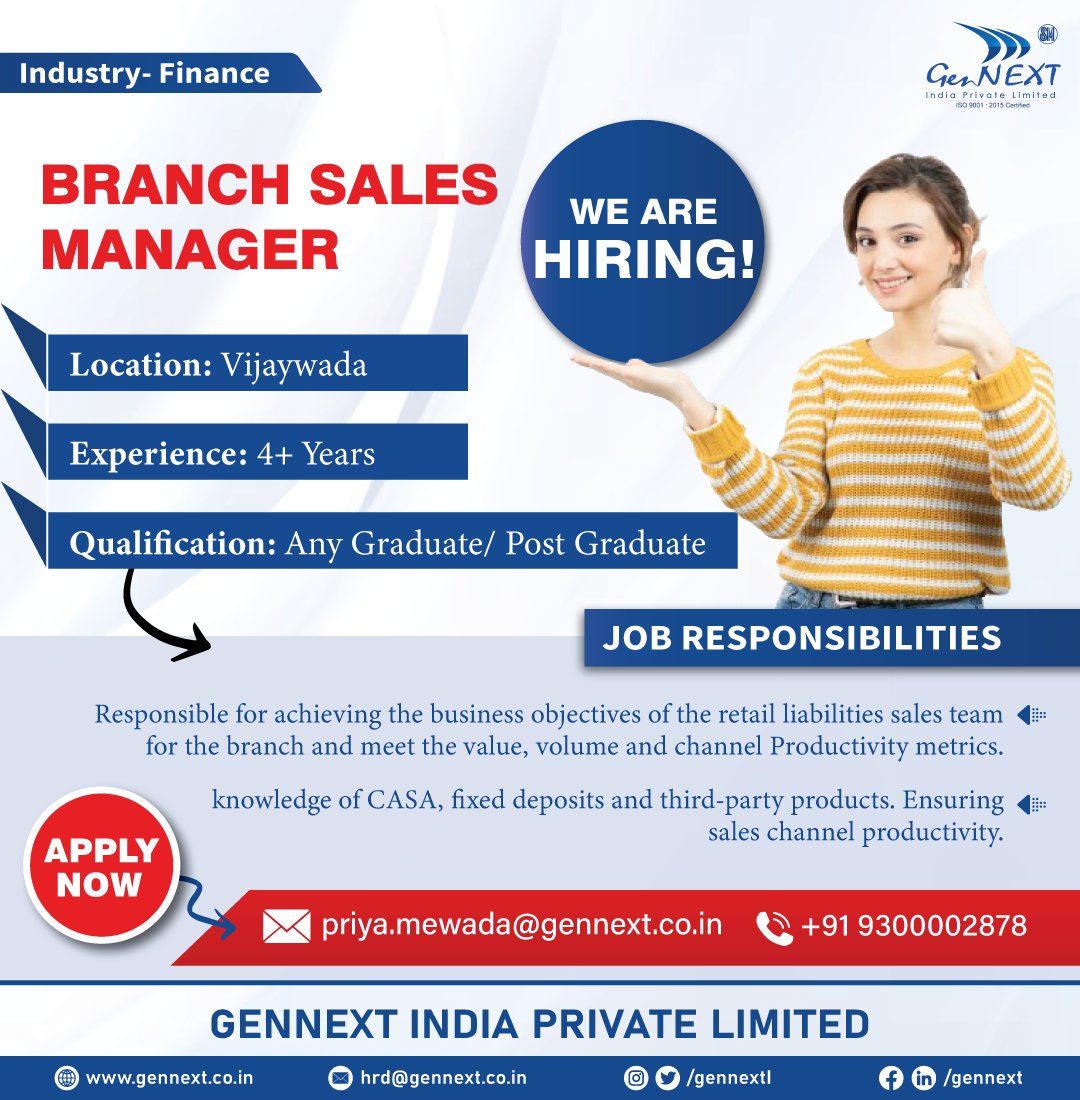 #UrgentHiring 💼📢🎯

Position: Branch Sales Manager 
Location: Vijaywada

#Branch #SalesManager #Manager #Vijaywada #hiringnow #jobsearching #jobsearch #Recruitment2024 #jobvacancy2024 #nowhiring #recruiting #jobopenings2024 #gennextjob #gennexthiring #GenNext #hiring2024