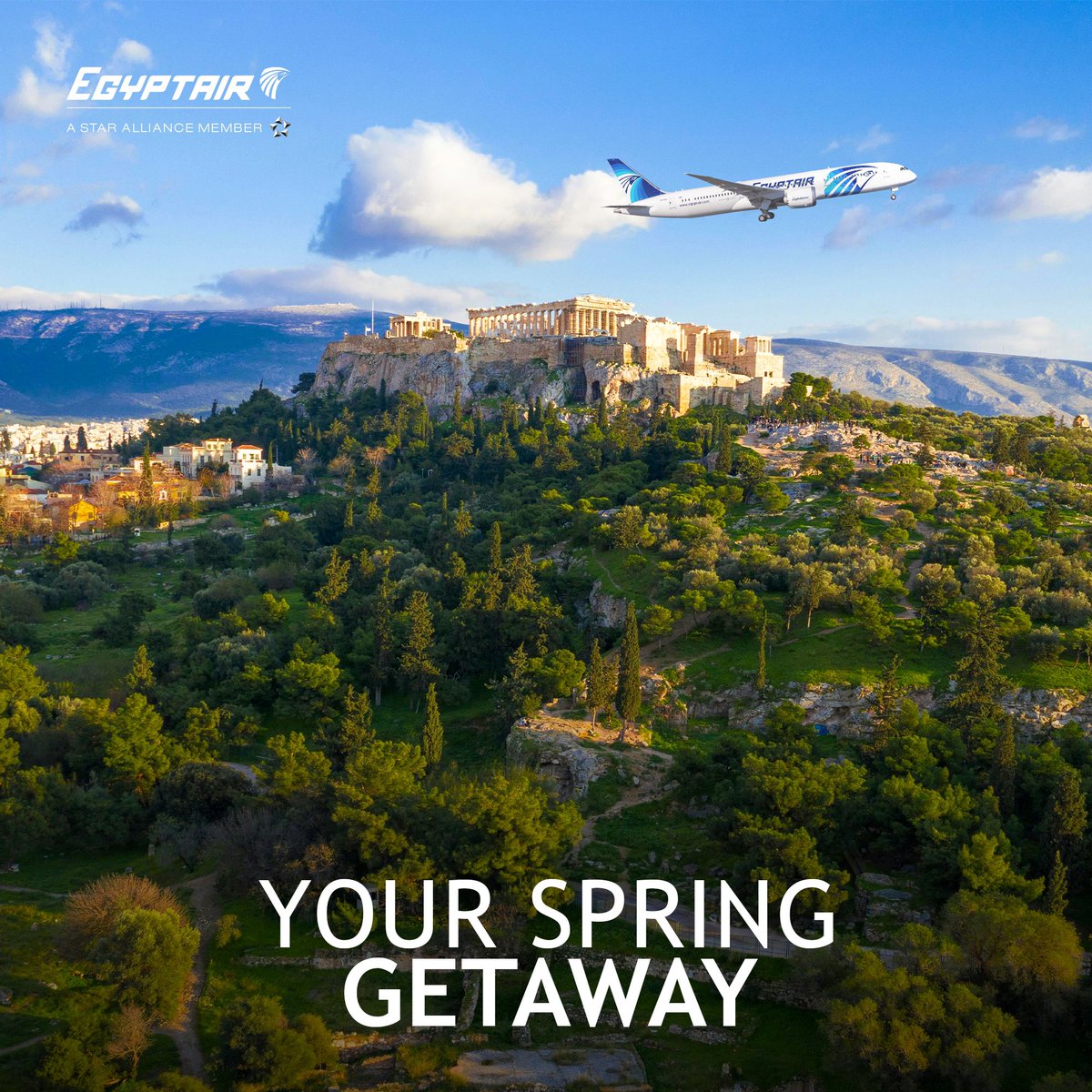 Experience the vibrant allure of spring in Athens with #EGYPTAIR! Delight in blooming gardens, stroll through ancient ruins, and immerse yourself in the city's captivating charm. Book your spring getaway now at egyptair.com