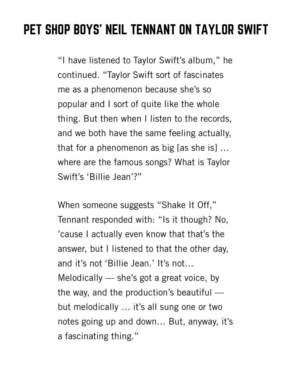 Pas un mot à enlever dans ce que dit Neil Tennant (Pet Shop Boys) à propos de Taylor Swift... En résumé : Où sont les tubes ? via @stereogum