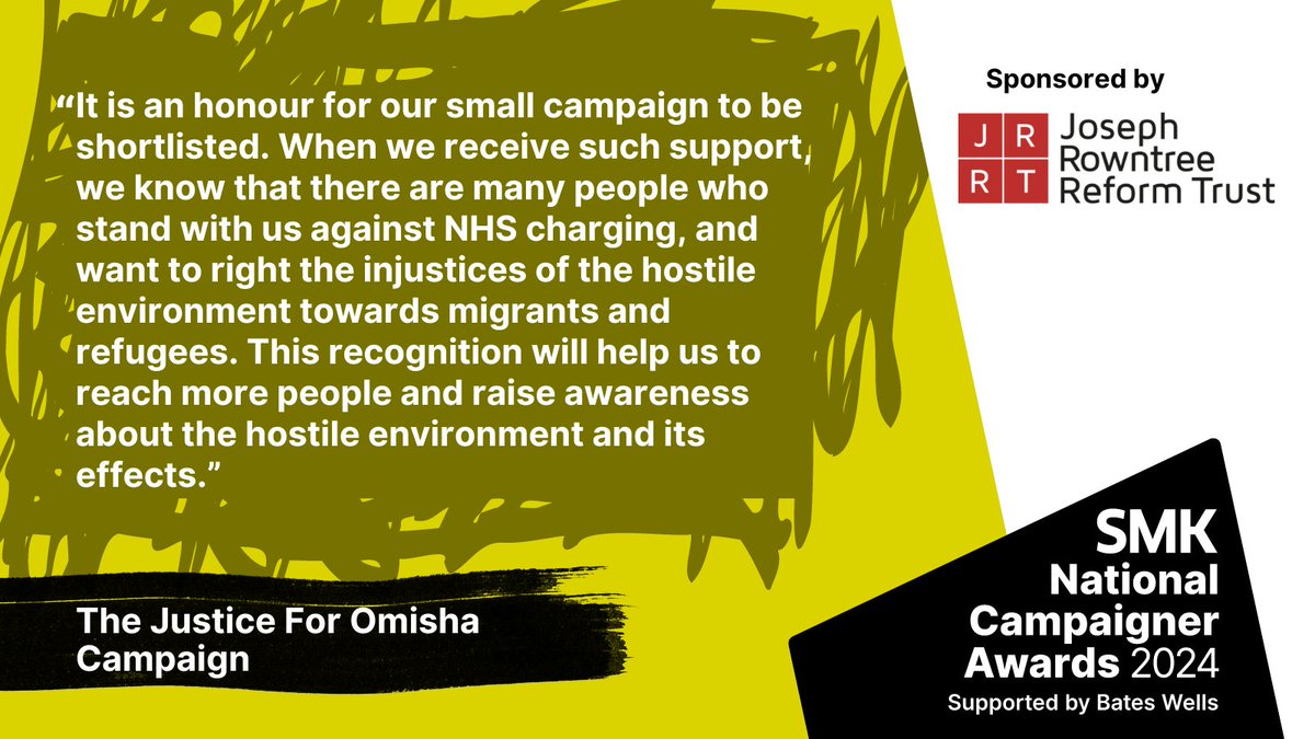 Congratulations to The Justice for Omisha Campaign @MigrantsOrg @Medact @NewhamSONHS  – shortlisted for David & Goliath in the #SMKAwards2024. 

Winners will be announced on 15 MAY. More details here smk.org.uk/awards_nominat… #LoveCampaigning 

Sponsored by @JRRT1904