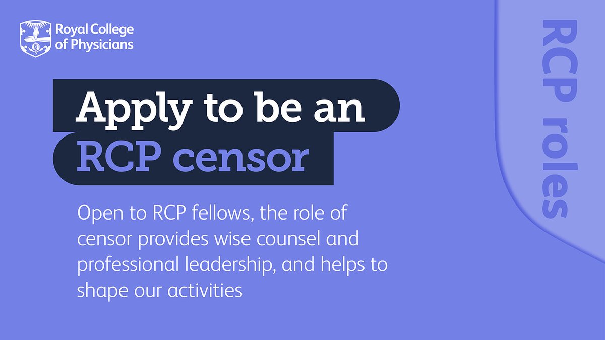 Applications are now open for three RCP censors. The roles are open to all fellows, in good standing, including SAS doctors. The deadline for applications is midday on Wednesday 22 May 2024. Learn more and apply: ow.ly/VfIM50RnipH