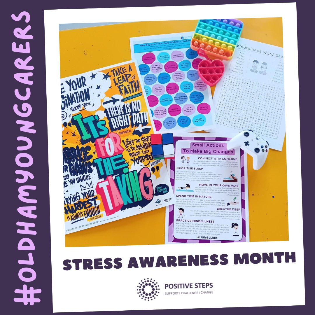 Our #OldhamYoungCarers took part in a #StressAwarenessMonth themed session recently! They took part in positive activities with @OfficialOAFC. They also looked at some self help strategy handouts on mindfulness and small actions to make BIG changes! 💜