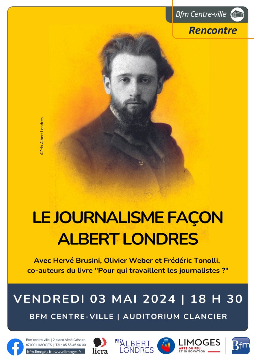 📹 Pour qui travaillent les journalistes ? Rencontre 'Le journalisme façon Albert Londres' avec Hervé Brusini, Olivier Weber et Frédéric Tonolli 📅 Le 3 mai à 18h30, à la BFM de Limoges 🔎 bfm.limoges.fr/agenda/le-jour…