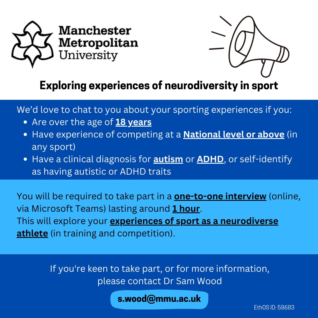 @ADHDandAutism As awareness increases, we want to better understand the experiences of athletes with ADHD and Autism who train and compete in high level sport. This will ⬆️ the evidence-base for athletes/coaches/parents/sport psychs to support more athletes. See below or email s.wood@mmu.ac.uk