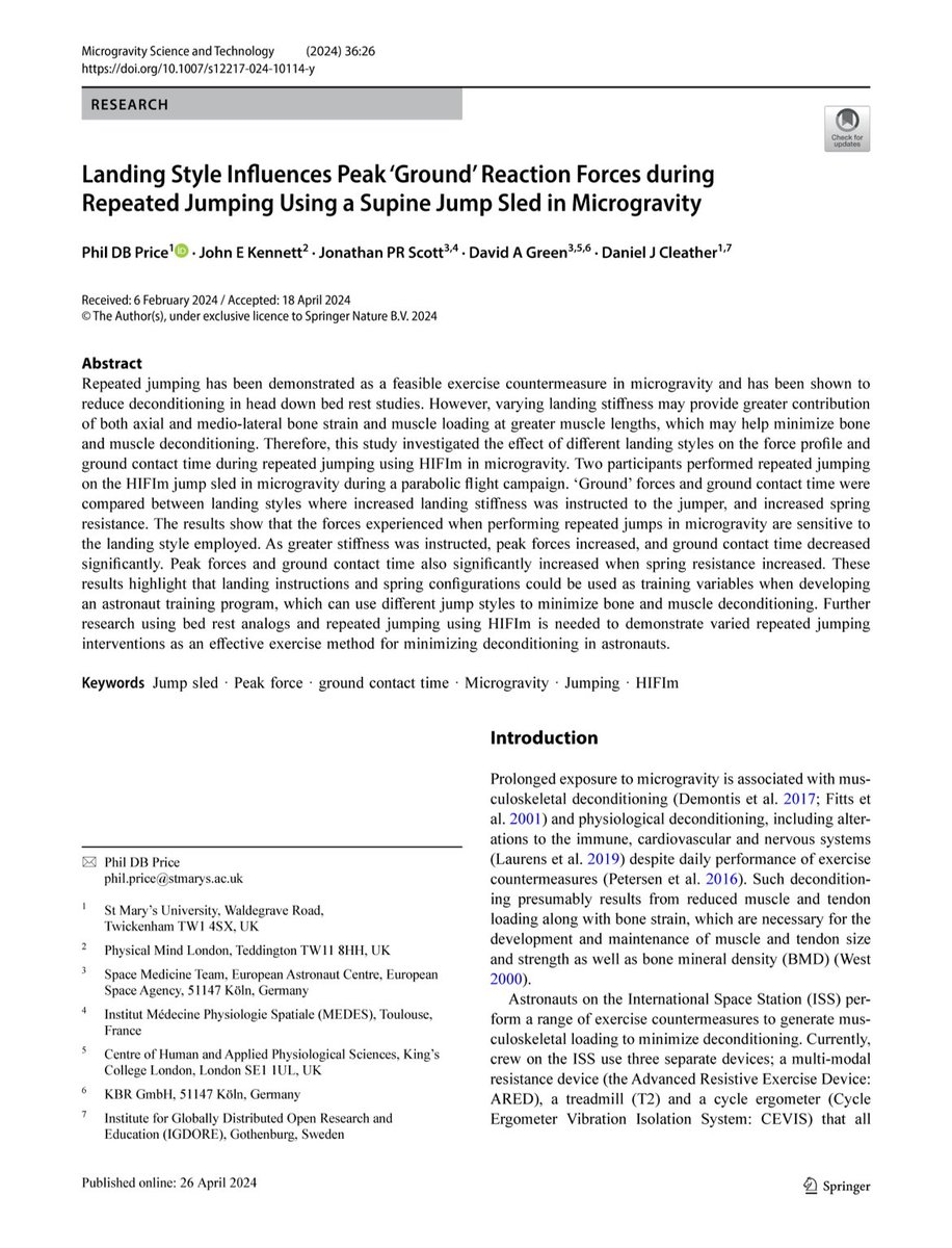 NEW STUDY - Landing style influences peak 'ground' reaction forces during repeated jumping using a supine jump sled in microgravity Click the link to see our recent paper using HIFIm - the future of exercise countermeasure for space travel link.springer.com/epdf/10.1007/s…