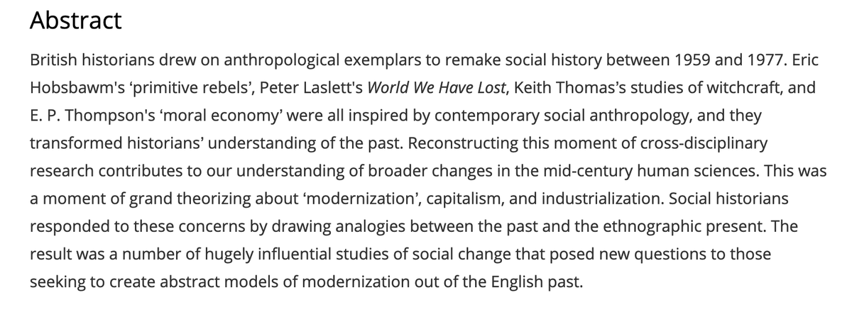 Really delighted to see this out: journals.sagepub.com/doi/10.1177/09… If you've ever wondered what Eric Hobsbawm's 'Primitive Rebels', Peter Laslett's demographic history, Keith Thomas' Religion and the Decline of Magic, and E P Thompson's 'moral economy' owe to anthropology...