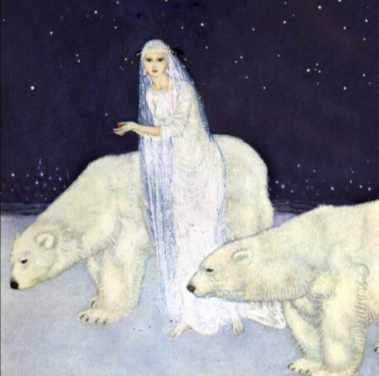 The Ice Maiden by Edmund Dulac, frontispiece for The Dreamer of Dreams, written by the last Queen of Romania, 1915. The Ice Maiden, guarded by her bears, searches the ice for broken hearts, which she keeps alive in her castle by warming them in a circle of flames. #BookWormSat